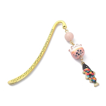 Japanese Style Maneki-neko Bookmark, Lucky Cat & Fish Pendant Bookmark with Natural Round Pink Opal, Alloy Hook Bookmarks, 84mm