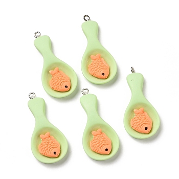 Opaque Resin Pendants, with Platinum Tone Iron Loops, Imitation Food, Spoon with Fish, Pale Green, 42x18.5x6mm, Hole: 2mm