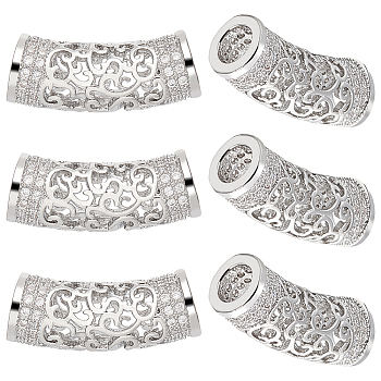 6Pcs Brass Micro Pave Cubic Zirconia Beads, Hollow, Curved Tube, Real Platinum Plated, 20x7mm, Hole: 4mm