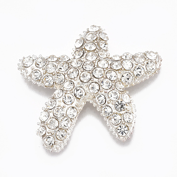 Alloy Rhinestone Cabochons, Starfish, Crystal, Silver Color Plated, 28x32x5mm