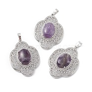 Natural Amethyst Pendants, Flower Charms, with Platinum Plated Brass Findings, 44x32x10mm, Hole: 8x5mm(G-P492-01P-07)