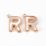 Brass Charms, with Shell, Real 18K Gold Plated, Nickel Free, Letter.R, 11x9x2mm, Hole: 0.9mm(KK-Q766-001R-NF)
