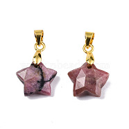 Natural Rhodonite Charms, with Golden Plated Brass Findings, Faceted Star, Star: 12x12.5x5.5mm, Hole: 3.5x4mm(G-N326-142-05)