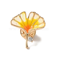 Gingko Leaf Enamel Pin, Light Gold Plated Alloy Rhinestone Badge for Backpack Clothes, Gold, 25.5x24.5x3.5mm, Pin: 1mm(JEWB-A010-01A)