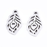201 Stainless Steel Charms, Laser Cut, Leaf, Stainless Steel Color, 12x6.5x1mm, Hole: 1.4mm(STAS-T044-213P)