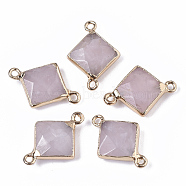 Natural Rose Quartz Links connectors, with Golden Tone Iron Edge, Faceted, Rhombus, 22~23.5x16.5x5.5mm, Hole: 1.5mm, Diagonal Length: 22~23.5mm, Side Length: 12mm(G-T131-10F)