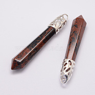 Natural Mahogany Obsidian Big Pointed Pendants, with Alloy Findings, Bullet, Platinum, 57~63x13x10mm, Hole: 3x4mm(G-D860-C31-P)