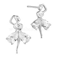 SHEGRACE Rhodium Plated 925 Sterling Silver Ear Studs, with Latin Dance Girl and AAA Cubic Zirconia Dress, Platinum, 17x11mm(JE583A)