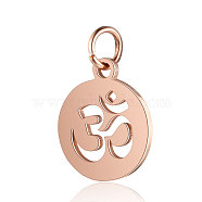 Chakra Theme Stainless Steel Pendants, with Jump Ring, Flat Round with Ohm/Aum, Rose Gold, 1.7x1.2cm(CHAK-PW0001-031RG)