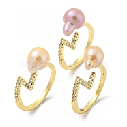 Brass Open Cuff Rings with Natural Pearl, Real 14K Gold Plated, US Size 6(16.5mm)(RJEW-H220-31G)