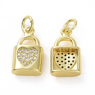 Brass Micro Pave Cubic Zirconia Charms, Real 18K Gold Plated, with Jump Ring, Padlock & Heart, Clear, 14x8x4mm, Jump Ring: 5x0.8mm, Inner Diameter: 3.2mm(KK-E068-VF037)