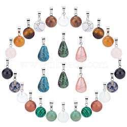 30Pcs 15 Colors Gemstone Pendants, with Platinum Tone Brass Findings, Round & Teardrop, 17~19x13~14mm, Hole: 2x7mm(G-SC0001-42)