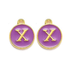 Golden Plated Alloy Enamel Charms, Enamelled Sequins, Flat Round with Alphabet, Letter.X, Purple, 14x12x2mm, Hole: 1.5mm(ENAM-Q437-12X)