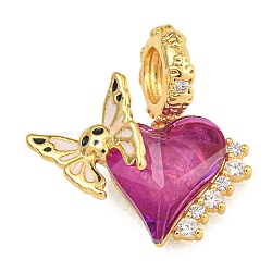 Rack Plating Brass Clear Cubic Zirconia European Dangle Charms, Fuchsia Resin Heart with Butterfly Large Hole Pendants, Long-Lasting Plated, Real 18K Gold Plated, 23mm, Hole: 5.5mm(KK-U035-26G)