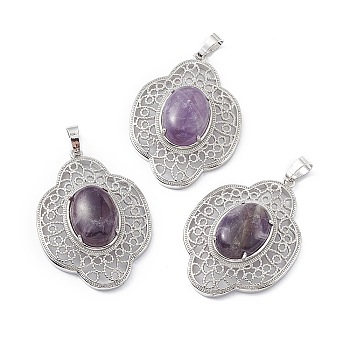 Natural Amethyst Pendants, Flower Charms, with Platinum Plated Brass Findings, 44x32x10mm, Hole: 8x5mm