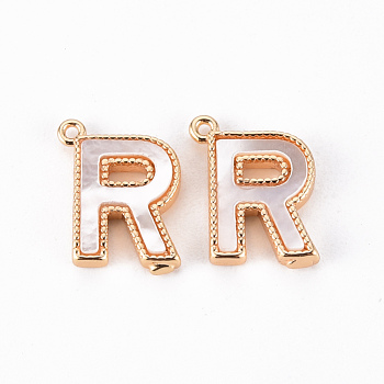 Brass Charms, with Shell, Real 18K Gold Plated, Nickel Free, Letter.R, 11x9x2mm, Hole: 0.9mm