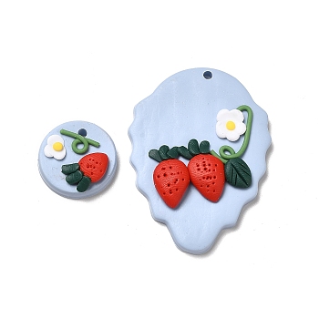 Handmade Polymer Clay Pendants Sets, Flat Round & Strawberry with Strawberry Charm, Sky Blue, 41x30x7mm, Hole: 2mm, 2pcs/set