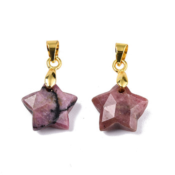 Natural Rhodonite Charms, with Golden Plated Brass Findings, Faceted Star, Star: 12x12.5x5.5mm, Hole: 3.5x4mm