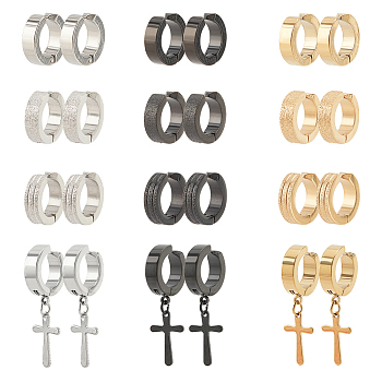 24Pcs 12 Style 204 Stainless Steel Clip-on Earrings, Cross Drop Earrings for Women Men, Mixed Color, 13~31x4mm, 2Pcs/style