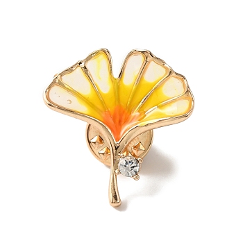 Gingko Leaf Enamel Pin, Light Gold Plated Alloy Rhinestone Badge for Backpack Clothes, Gold, 25.5x24.5x3.5mm, Pin: 1mm
