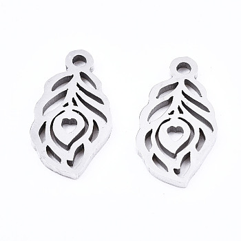201 Stainless Steel Charms, Laser Cut, Leaf, Stainless Steel Color, 12x6.5x1mm, Hole: 1.4mm
