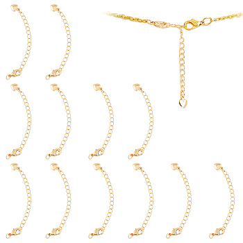 14Pcs Brass Chain Extender, with Curb Chains and Heart Charms & Lobster Claw Clasps, Real 18K Gold Plated, 67mm
