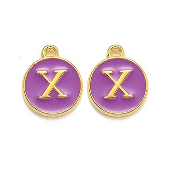 Golden Plated Alloy Enamel Charms, Enamelled Sequins, Flat Round with Alphabet, Letter.X, Purple, 14x12x2mm, Hole: 1.5mm