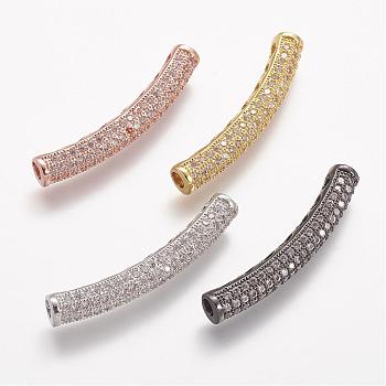 Brass Micro Pave Cubic Zirconia Tube Beads, Tube, Curved, Clear, Mixed Color, 31.5x4.2mm, Hole: 2mm
