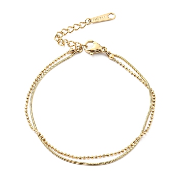 304 Stainless Steel Round Snake & Ball Chains Double Layer Multi-strand Bracelet for Women, Golden, 7-7/8 inch(20.1cm)