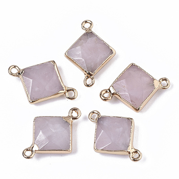 Natural Rose Quartz Links connectors, with Golden Tone Iron Edge, Faceted, Rhombus, 22~23.5x16.5x5.5mm, Hole: 1.5mm, Diagonal Length: 22~23.5mm, Side Length: 12mm