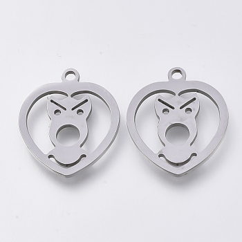 201 Stainless Steel Puppy Pendants, Laser Cut Pendants, Heart with Dog, Stainless Steel Color, 17.5x15x1mm, Hole: 1.2mm