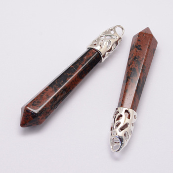 Natural Mahogany Obsidian Big Pointed Pendants, with Alloy Findings, Bullet, Platinum, 57~63x13x10mm, Hole: 3x4mm