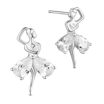 SHEGRACE Rhodium Plated 925 Sterling Silver Ear Studs, with Latin Dance Girl and AAA Cubic Zirconia Dress, Platinum, 17x11mm