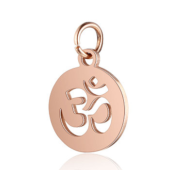 Chakra Theme Stainless Steel Pendants, with Jump Ring, Flat Round with Ohm/Aum, Rose Gold, 1.7x1.2cm