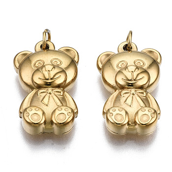 304 Stainless Steel Pendants, with Jump Rings, Bear, Real 14K Gold Plated, 17x10.5x4mm, Jump Ring: 3.8x0.6mm, 2.6mm inner diameter