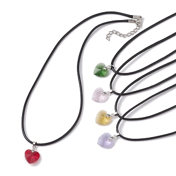 Valentine's Day Glass Heart Pendant Necklaces, with Imitation Leather Cords, Mixed Color, 17.52 inch(44.5cm)