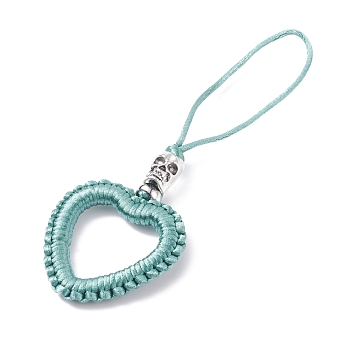 Heart Braided Nylon Cord Mobile Accessories, Phone Hanging Pendant Decor, with Alloy Skull Beads, European Brass Beads & Iron Findings, Pale Turquoise, 11cm