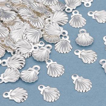 Brass Charms, Shell, 925 Sterling Silver Plated, 8x6x0.5mm, Hole: 0.9mm