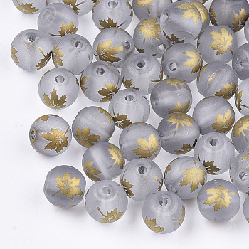 Autumn Theme Electroplate Transparent Glass Beads, Frosted, Round with Maple Leaf Pattern, Gold, 8~8.5mm, Hole: 1.5mm