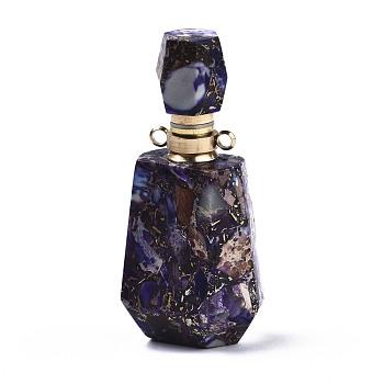 Assembled Synthetic Pyrite and Imperial Jasper Openable Perfume Bottle Pendants, with Brass Findings, Dyed, Purple, capacity: 1ml(0.03 fl. oz), 42x22.5x15mm, Hole: 1.8mm, Capacity: 1ml(0.03 fl. oz)
