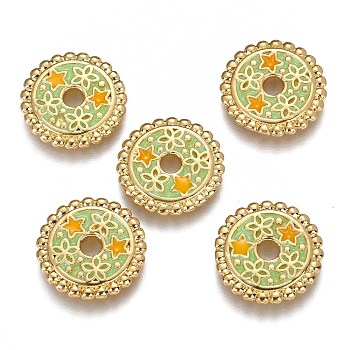 Brass Enamel Beads, Flat Round with Star & Yellow Star, Real 18K Gold Plated, Light Green, 15.6x2mm, Hole: 2.7mm