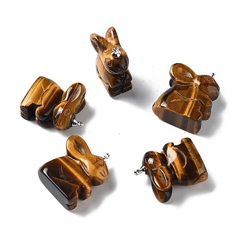 Natural Tiger Eye Pendants, Rabbit Charms with Platinum Plated Brass Pendant Bails, 26.5~28x10.5~11x19~22mm, Hole: 1.6mm