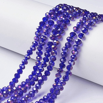 Electroplate Transparent Glass Beads Strands, Half Rainbow Plated, Faceted, Rondelle, Dark Blue, 6x5mm, Hole: 1mm, about 85~88pcs/strand, 16.1~16.5 inch(41~42cm)