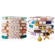 12Pcs 12 Style Handmade Polymer Clay Heisih Beaded Stretch Bracelets Set with Shell Starfish Charm, Inspiration Word Lucky Preppy Bracelets for Women, Mixed Color, Inner Diameter: 2-1/8 inch(5.5cm)(BJEW-SW00035)