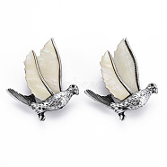 Natural White Shell Bird Brooch, Alloy Lapel Pin with Loop for Backpack Clothes Pendant Jewelry, Cadmium Free & Lead Free, Antique Silver, Floral White, 50x39.5x16mm, Hole: 4.5x6mm, Pin: 0.7mm(PALLOY-Q438-004A-RS)