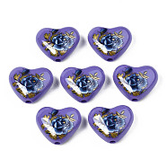 Flower Printed Opaque Acrylic Heart Beads, Slate Blue, 16x19x8mm, Hole: 2mm(SACR-S305-28-M01)