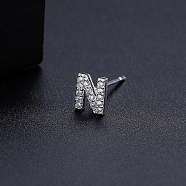 Platinum Brass Micro Pave Cubic Zirconia Stud Earrings, Initial Letter, Letter N, No Size(XI6969-14)