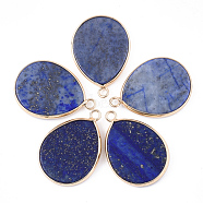 Natural Lapis Lazuli Pendants, Dyed, with Brass Findings, Drop, Golden, 30.5x21~22x3~3.5mm, Hole: 2mm(G-S344-57C)