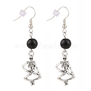 Human Skeleton Alloy Dangle Earrings, for Halloween, with Imitation Gemstone Acrylic Round Beads and Brass Earring Hooks, Antique Silver, Black, 55mm, Pin: 0.6mm(EJEW-JE04423)