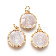 Brass Pendants, with Shell and Jump Ring, Flat Round with Virgin Mary, Golden, 16x14x3mm, Hole: 3mm(KK-I656-43G)